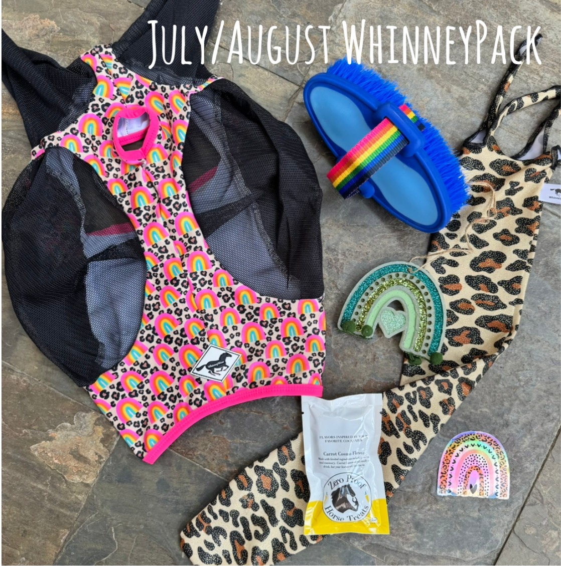 Bi monthly WhinneyPack horse subscription box with equestrian tack and treats
WhinneyWear themed horse subscription box with barn gifts and exclusive tack
Horse owner gift box with treats, tail bag, and equestrian surprises