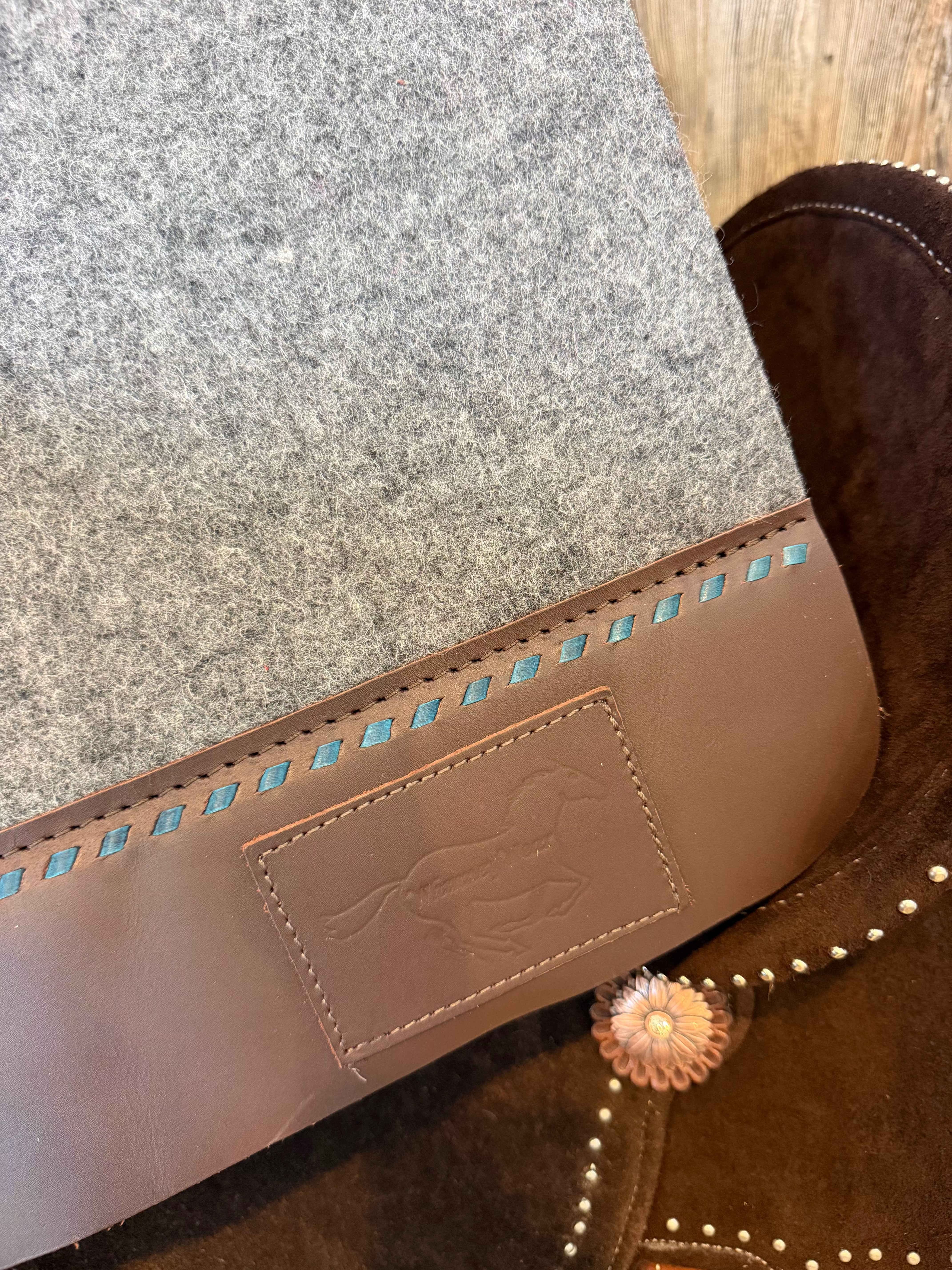 30x28” Western Wool Saddle Pad - Charcoal Gray with Teal Buckstitch
