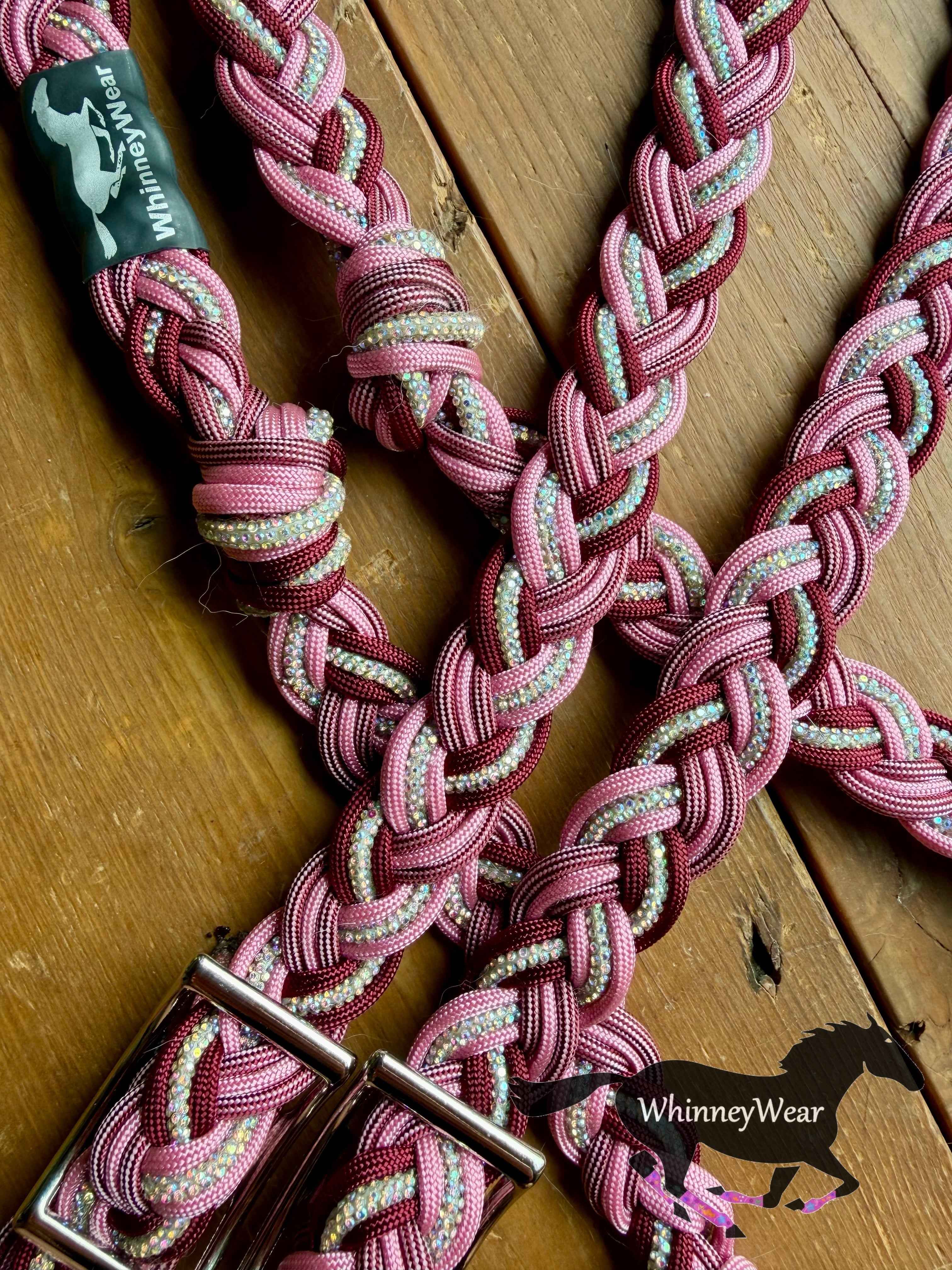 8ft Rose & Cabernet Rhinestone Braided Reins