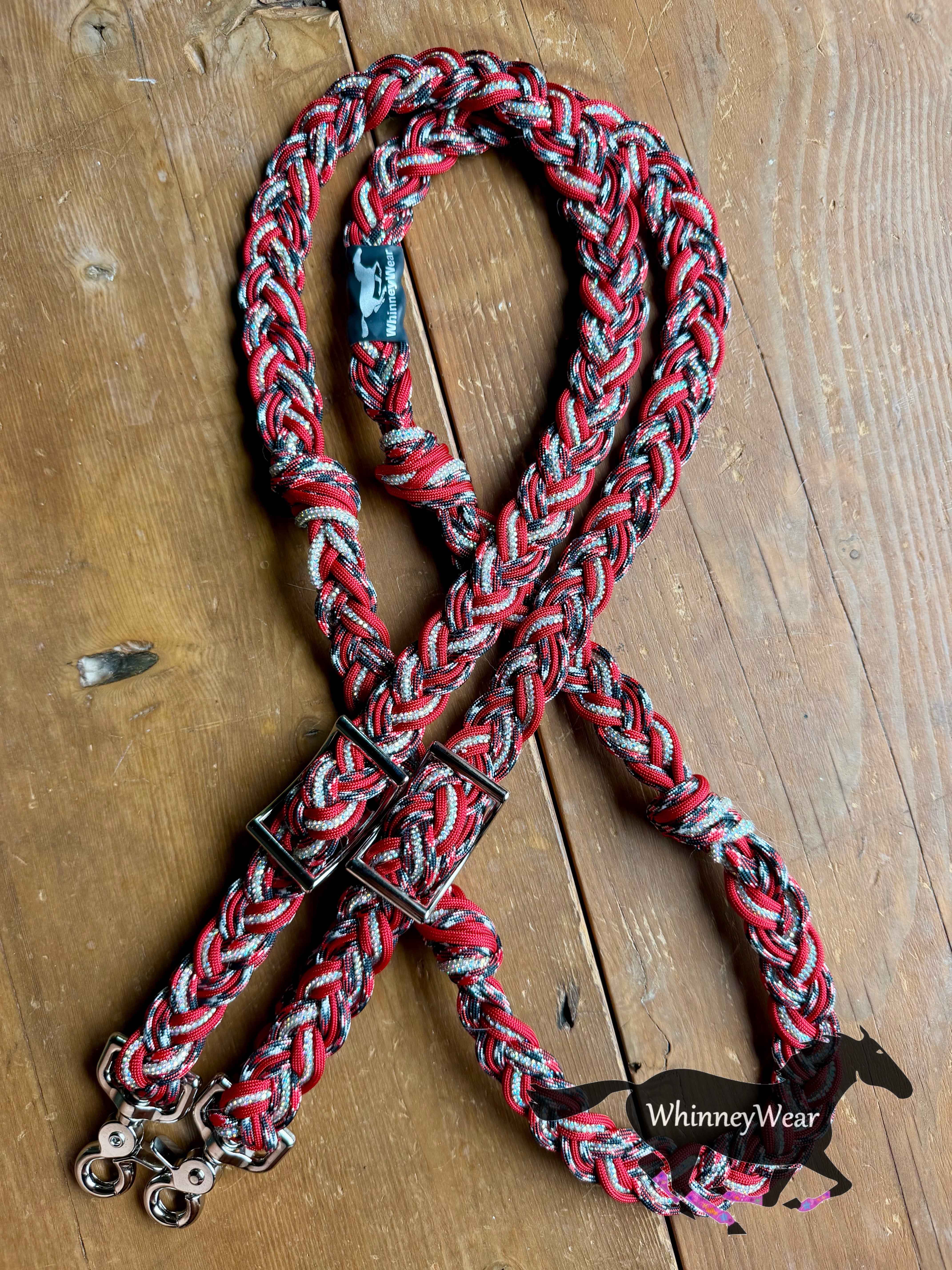 7ft Red & Black Rhinestone Braided Reins