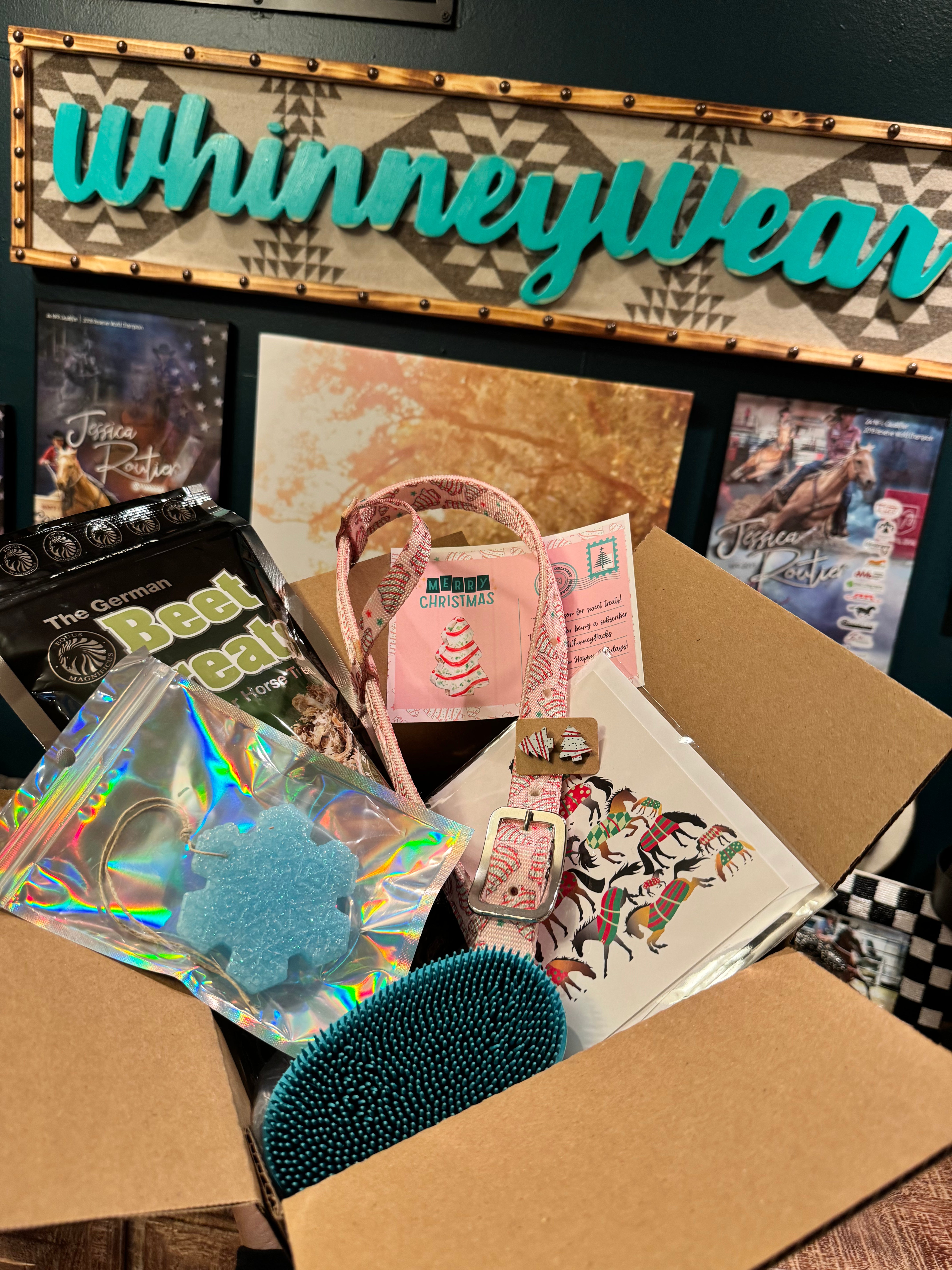 Bi monthly WhinneyPack horse subscription box with equestrian tack and treats
WhinneyWear themed horse subscription box with barn gifts and exclusive tack
Horse owner gift box with treats, tail bag, and equestrian surprises