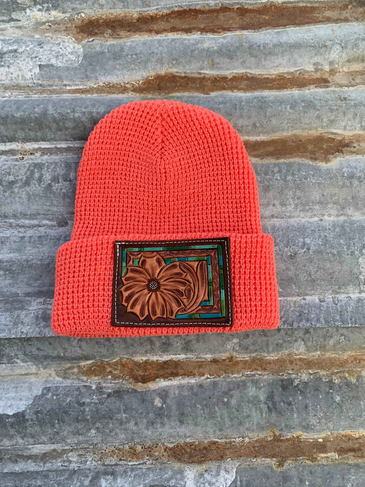 The Daisy Handtooled Leather Patch Beanie, Fitted in Turquoise and Southwest Border