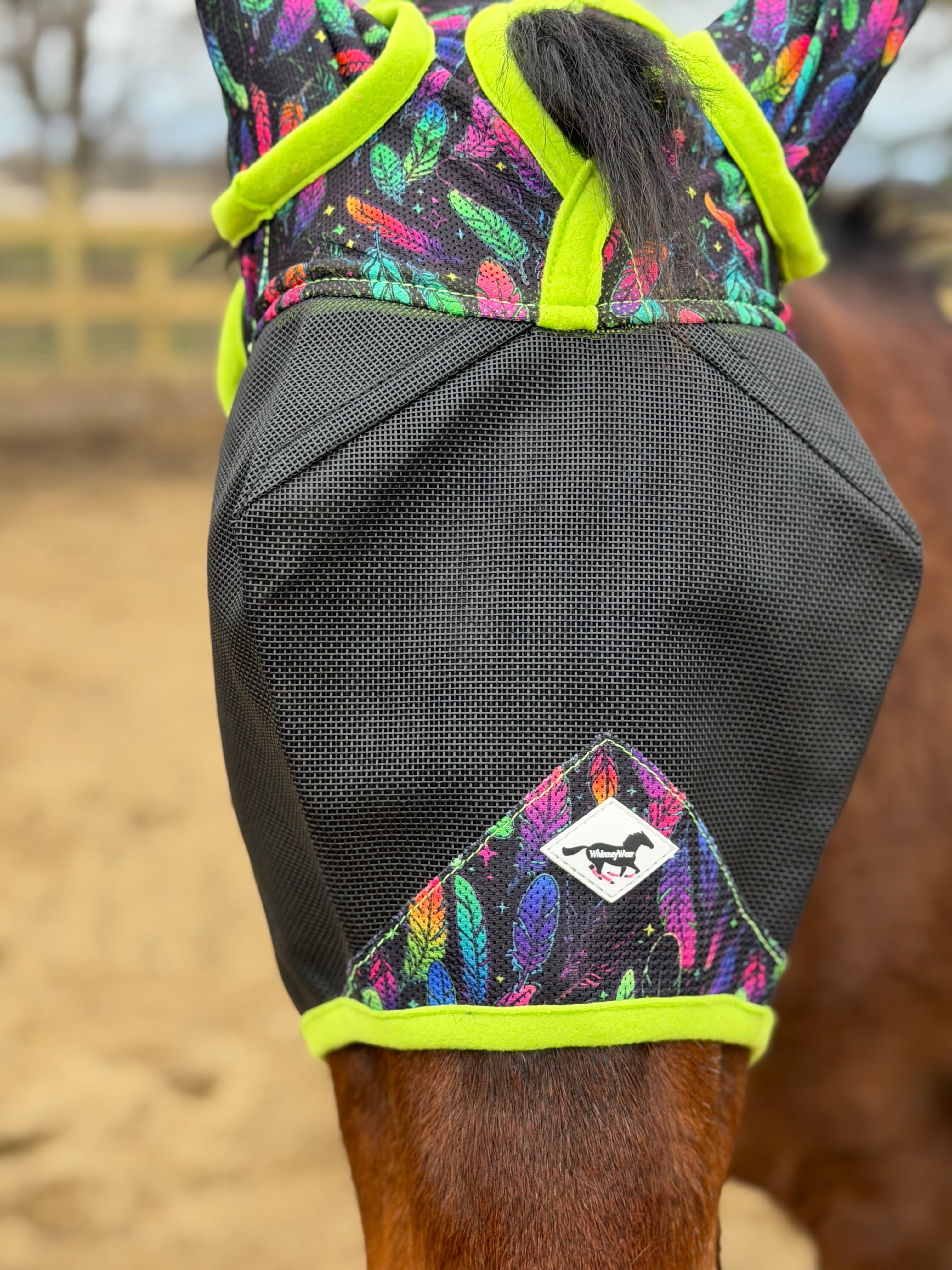 	Horse wearing Buzz Off fly mask in Neon plumes print
