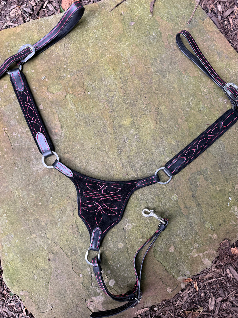 Black Suede Gladiator-Style Western Breastcollar - Pink Stitching