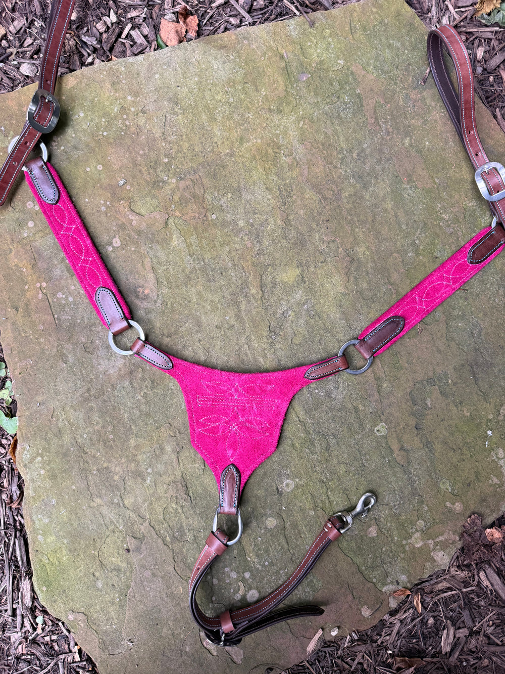 Pink Suede Gladiator-Style Western Breastcollar - Turquoise Stitching