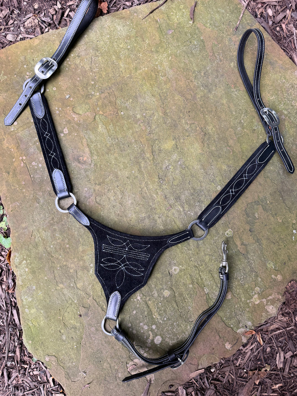Black Suede Gladiator-Style Western Breastcollar - White Stitching