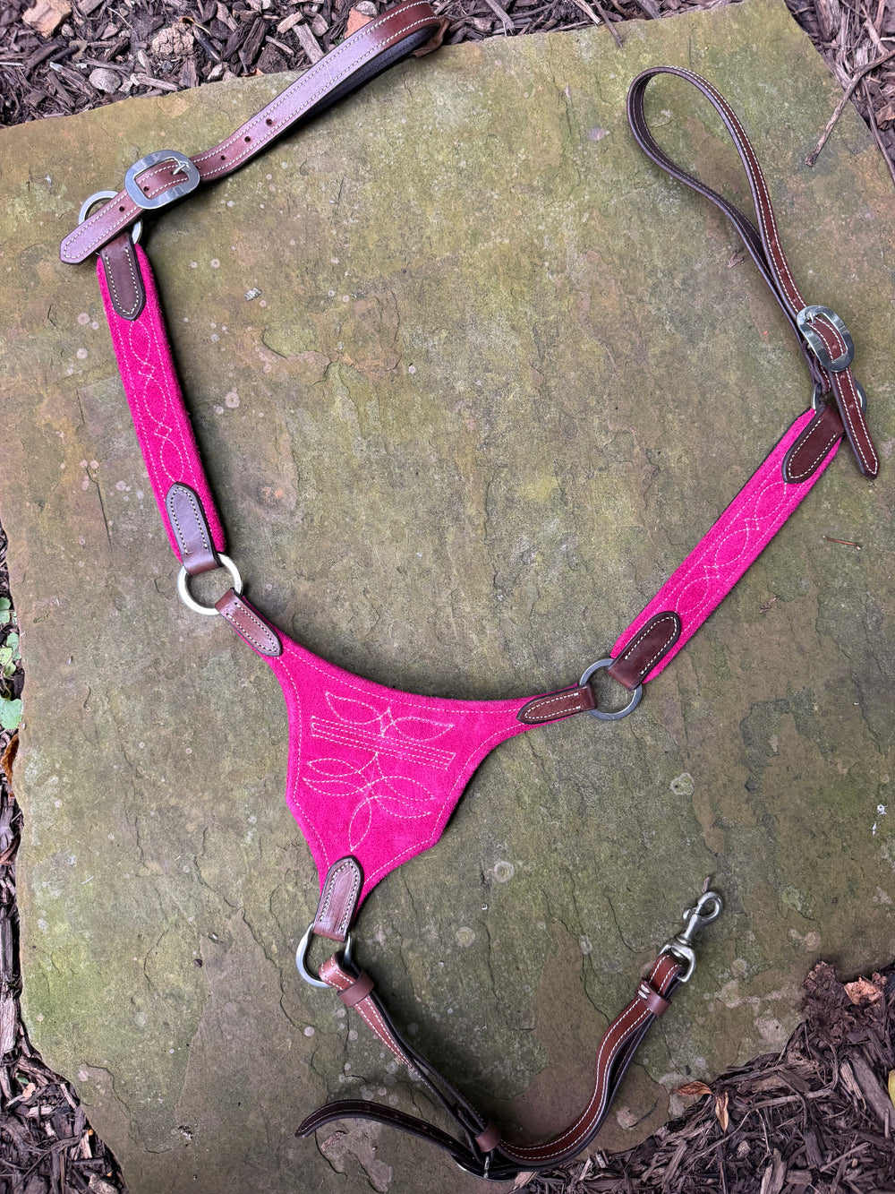 Pink Suede Gladiator-Style Western Breastcollar - White Stitching