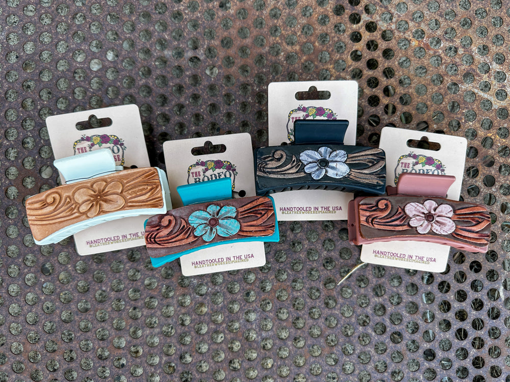Hand tooled Leather Hair clip Bubble Flower