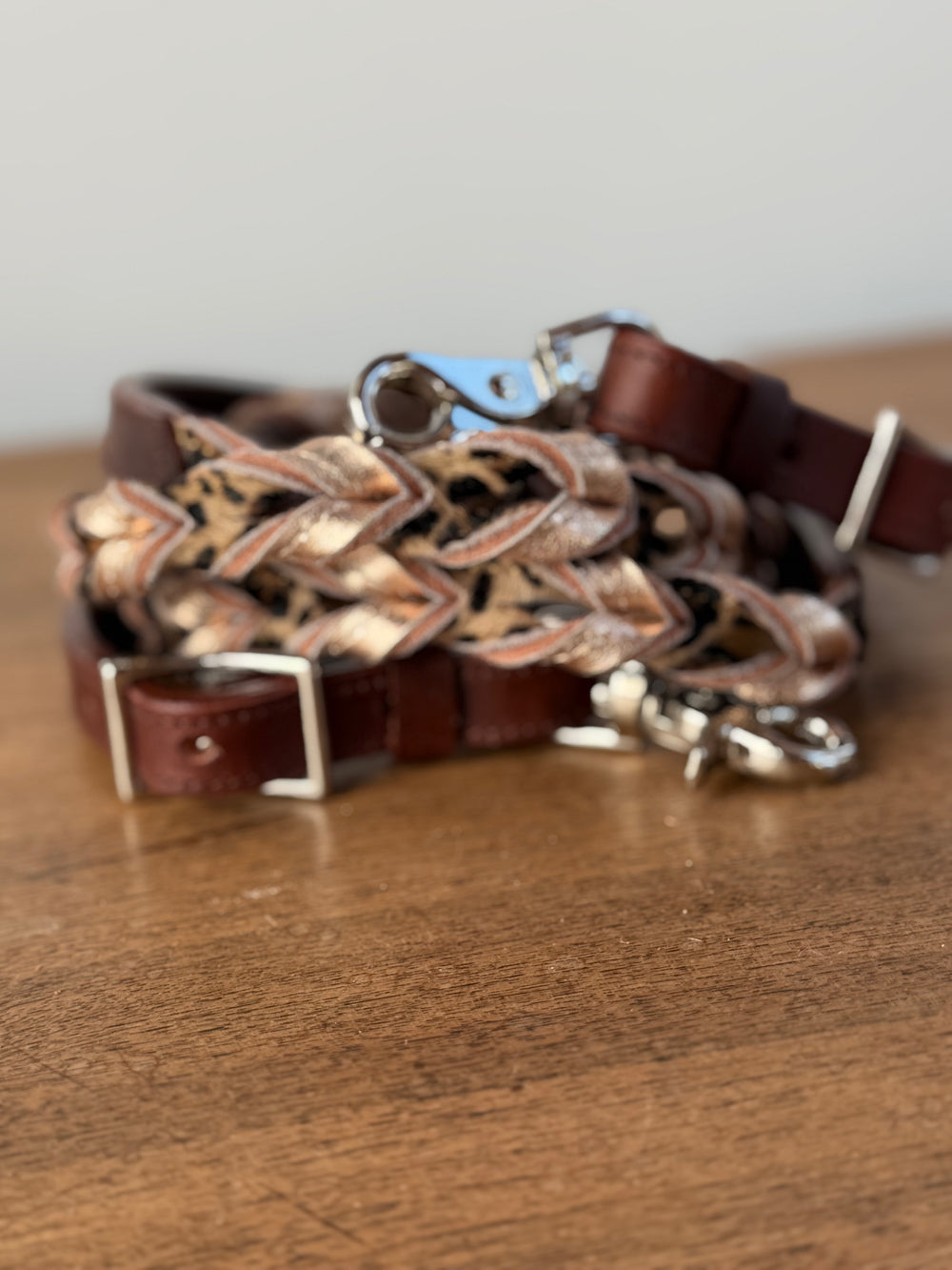 7ft Cheetah & Metallic Gold Leather Twisted Reins