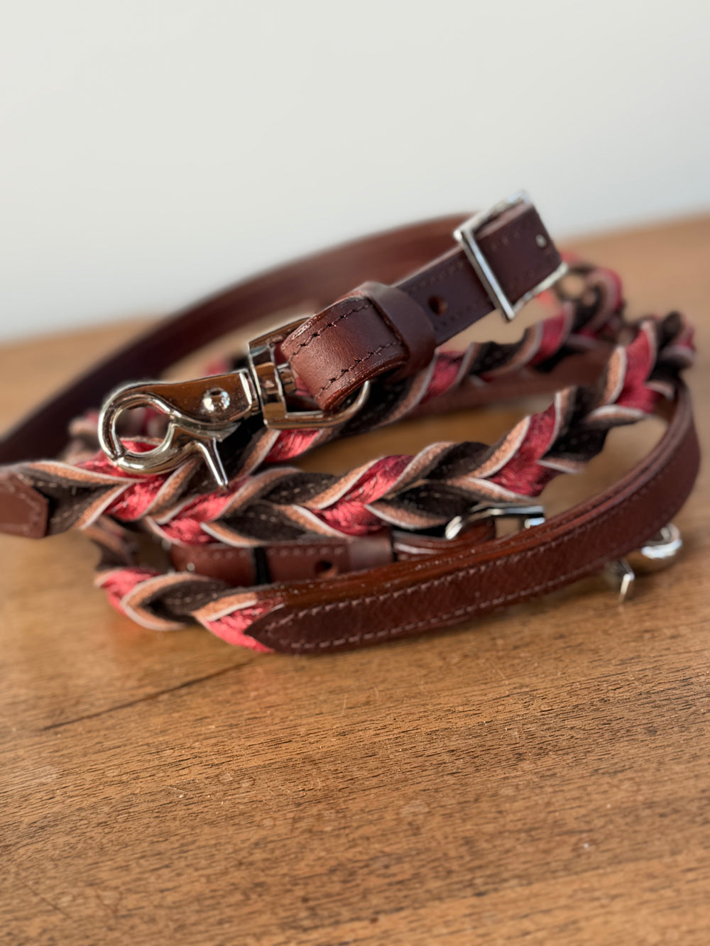 7ft Brown Suede & Metallic Red Leather Twisted Reins