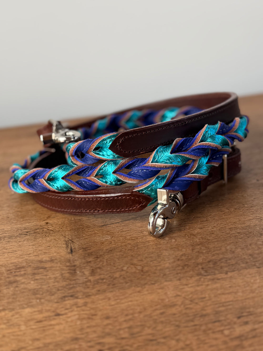 7ft Blue & Metallic Turquoise Leather Twisted Reins