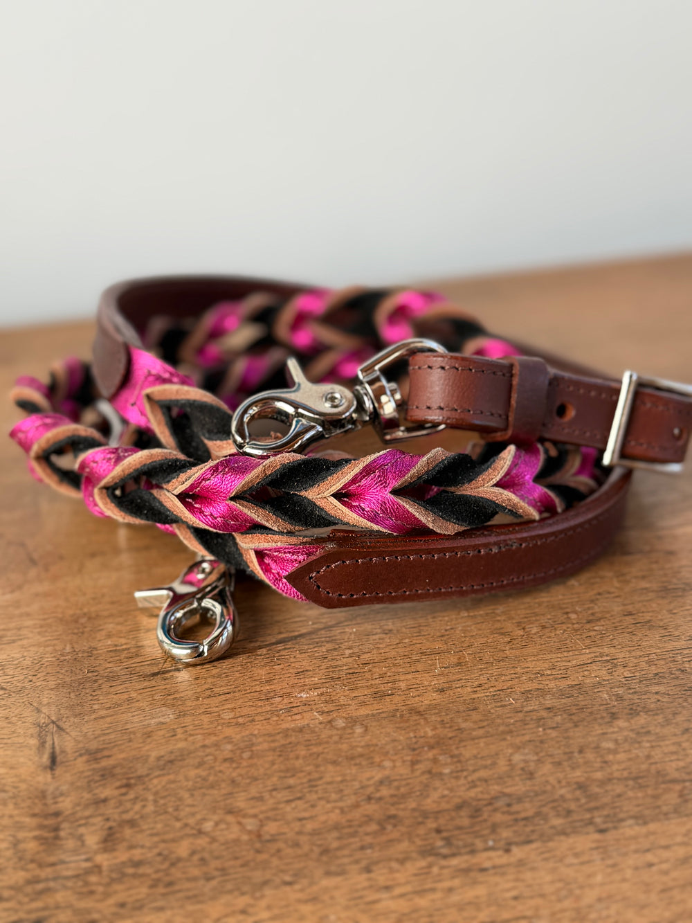 7ft Black Suede & Metallic Pink Leather Twisted Reins