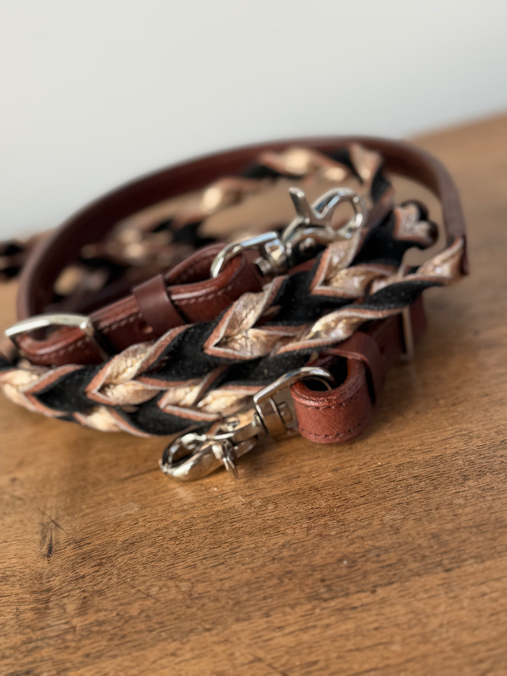 7ft Black Suede & Gold Leather Twisted Reins