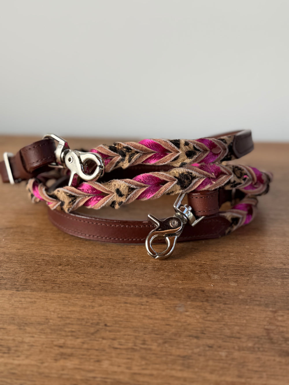 7ft Cheetah & Metallic Pink Leather Twisted Reins