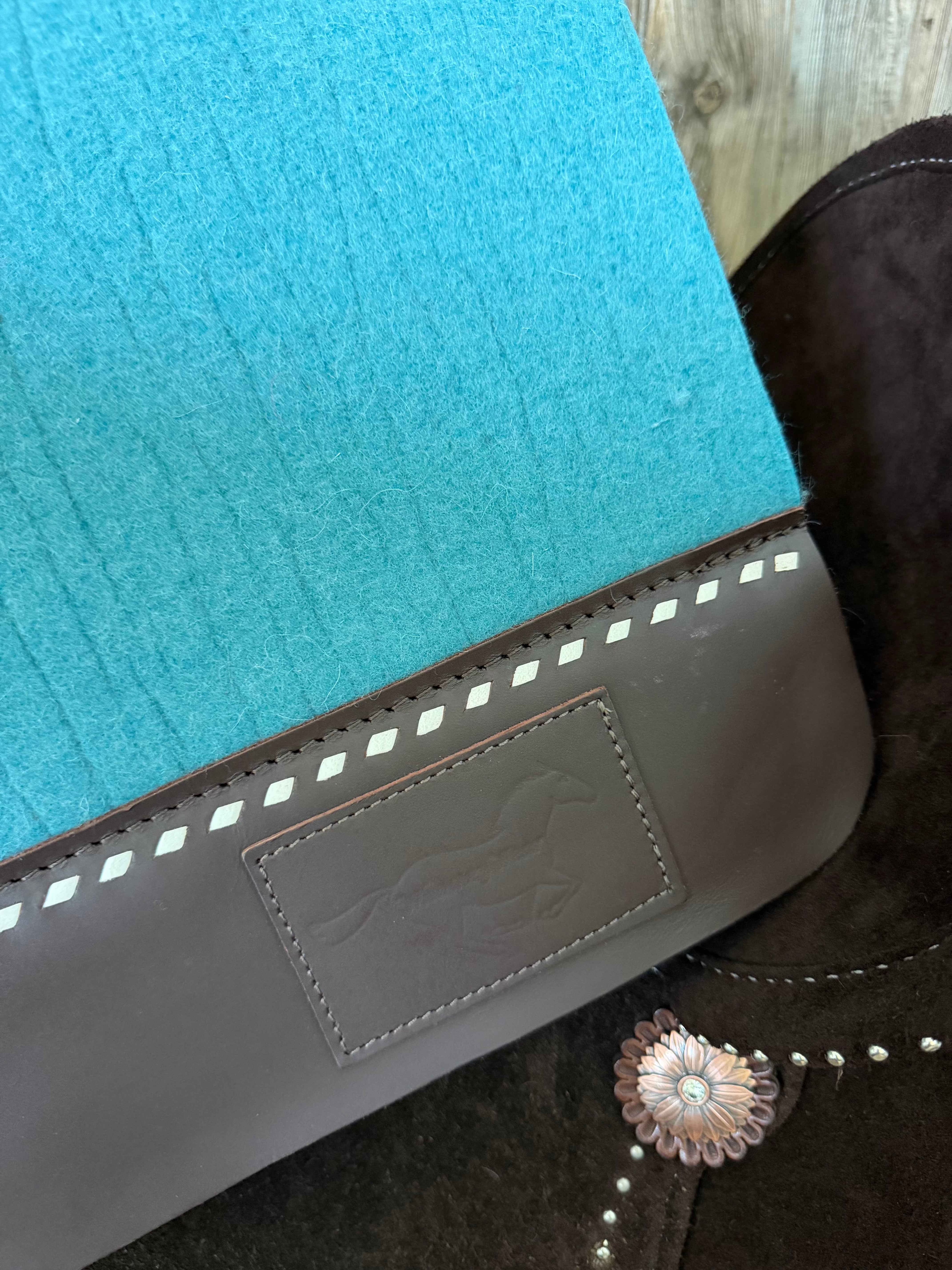 30x28” Western Wool Saddle Pad - Turquoise with White Buckstitch