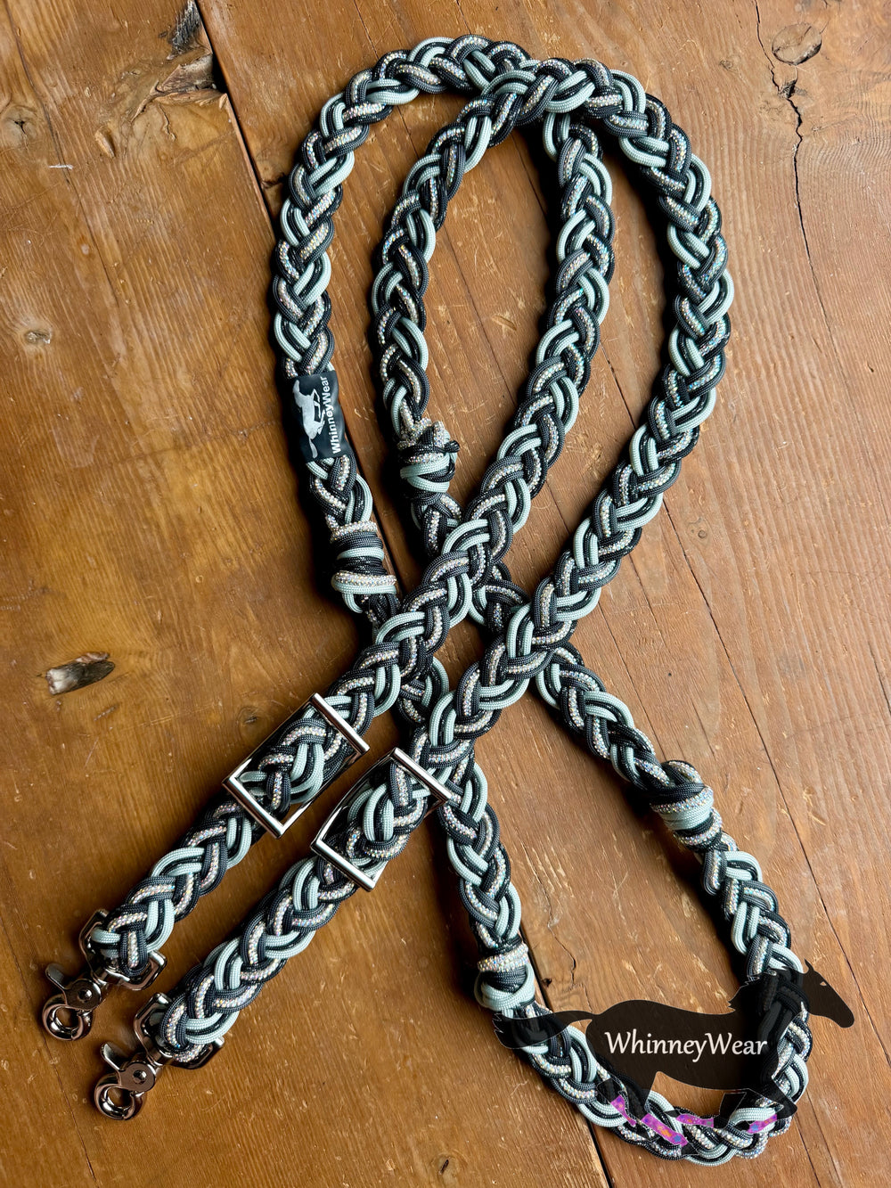 8ft Black & Grey Rhinestone Braided Reins
