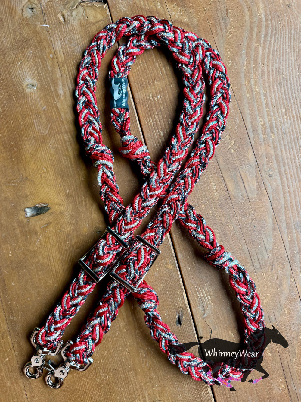 7ft Red & Black Rhinestone Braided Reins