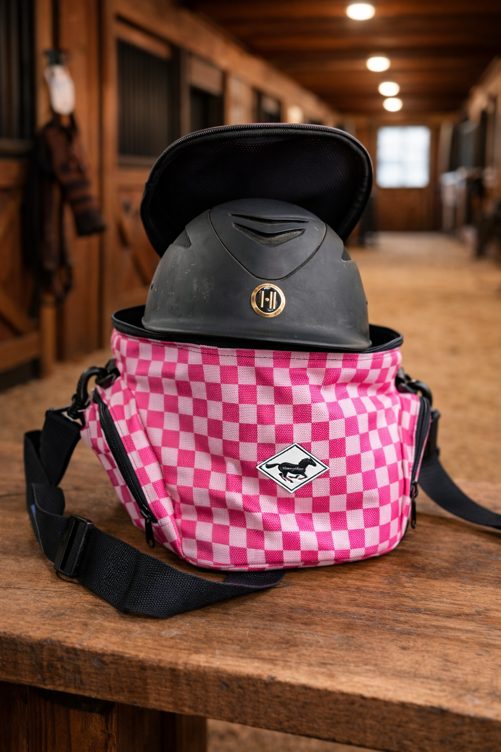 Patterned Helmet Bag – Pink Checkered Equestrian Helmet Bag | WhinneyWear