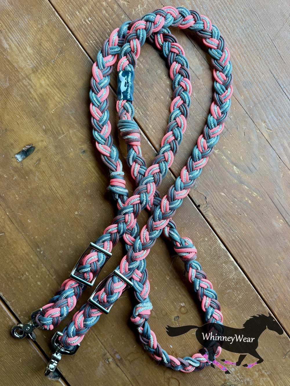 7ft Coral & Grey Rhinestone Braided Reins