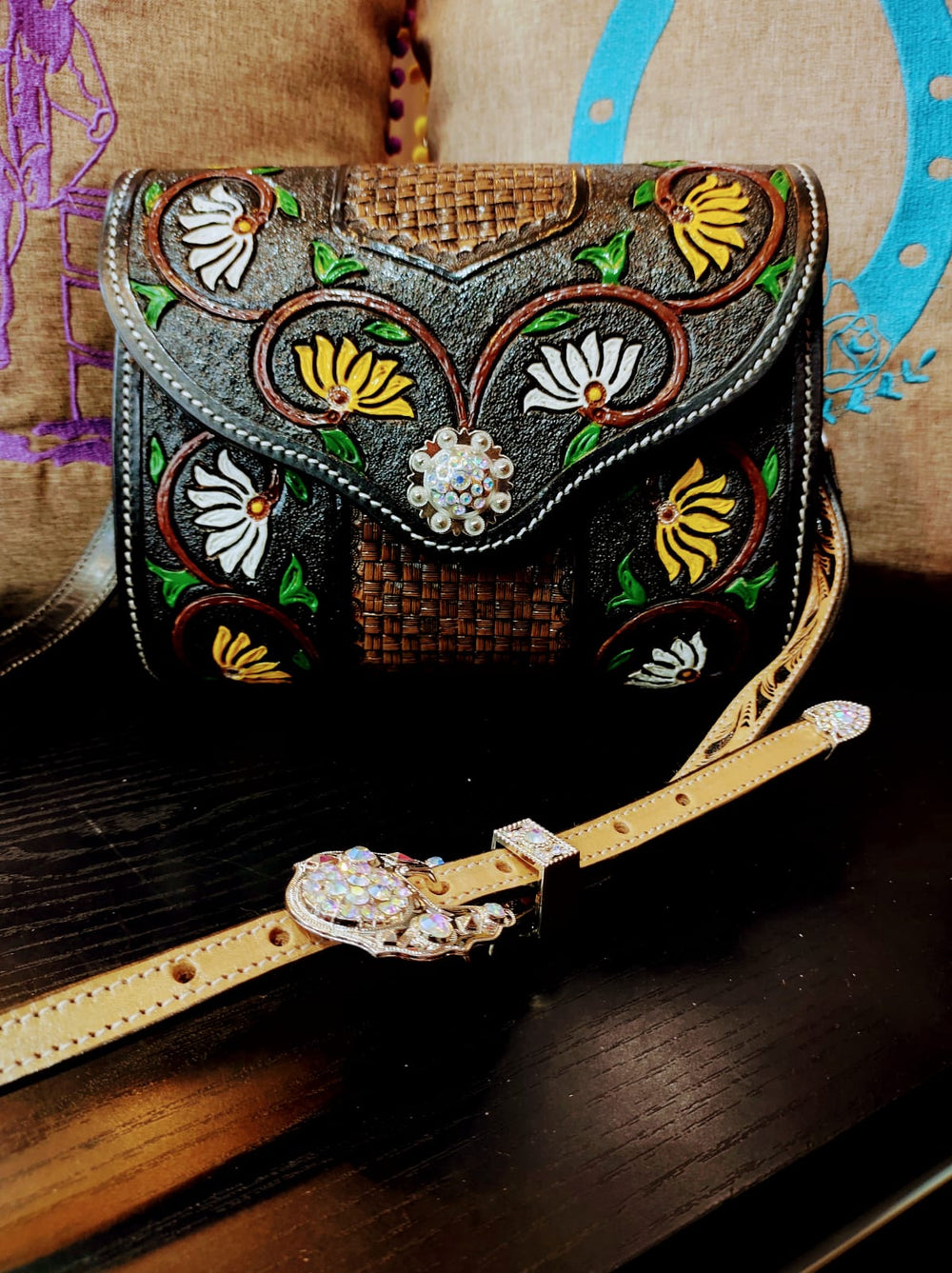 Hand Tooled Yellow & White Flowers Leather Purse