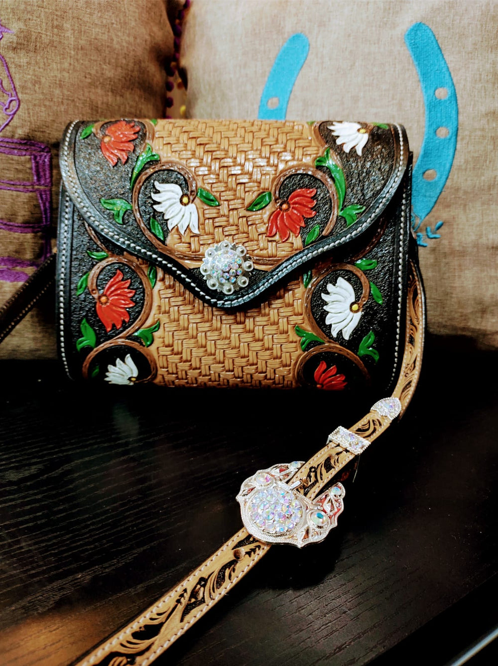 Hand Tooled Red & White Flowers Leather Purse