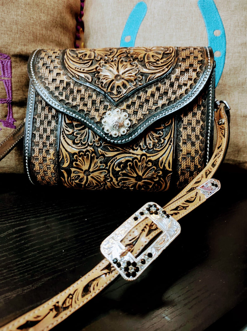 Hand Tooled Basket Weave Leather Purse